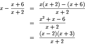 \begin{eqnarray*}x-\frac{x+6}{x+2}&=&\frac{x(x+2)-(x+6)}{x+2}\\
&=&\frac{x^2+x-6}{x+2}\\
&=&\frac{(x-2)(x+3)}{x+2}
\end{eqnarray*}