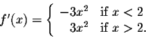 \begin{displaymath}f'(x) = \left\{\begin{array}{rll}
- 3x^2 & \mbox{if $x < 2$}\\
3x^2 & \mbox{if $x > 2$}.
\end{array}\right.\end{displaymath}