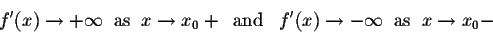 \begin{displaymath}f'(x) \rightarrow +\infty \;\;\mbox{as}\;\; x \rightarrow x_0...
...
f'(x) \rightarrow -\infty \;\;\mbox{as}\;\; x \rightarrow x_0-\end{displaymath}