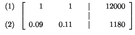 $

\begin{array}{r}

(1) \\

\\

(2)

\end{array}

\left[

\begin{array}{rrrrr...

...

& & & & \vert & & \\

0.09 & & 0.11 & & \vert & & 1180

\end{array}

\right] $