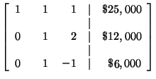 $ \left[
\begin{array}{rrrrrrr}
1 & & 1 & & 1 & \vert & \$25,000 \\
& & & & ...
...
& & & & & \vert & \\
0 & & 1 & & 1 & \vert & \$2,000
\end{array}
\right]$