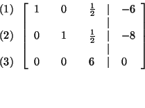 \begin{eqnarray*}
&&
\begin{array}{l}
\left( 1\right) \\
\\
\left( 2\righ...
...& & 6 & \vert & 0
\end{array}
\right] \\
&& \\
&& \\
&&
\end{eqnarray*}