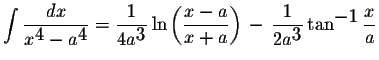 $\displaystyle \int\displaystyle \frac{dx}{x^{\displaystyle4}-a^{\displaystyle4}...
...le \frac{1}{2a^{\displaystyle3}}\tan^{\displaystyle-1}\displaystyle \frac{x}{a}$