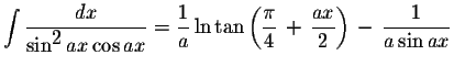 $\displaystyle \int\displaystyle \frac{dx}{\sin^{\displaystyle2}ax\cos ax}=\disp...
...}{4}\,+\,\displaystyle \frac{ax}{2}\right)\,-\,\displaystyle \frac{1}{a\sin ax}$